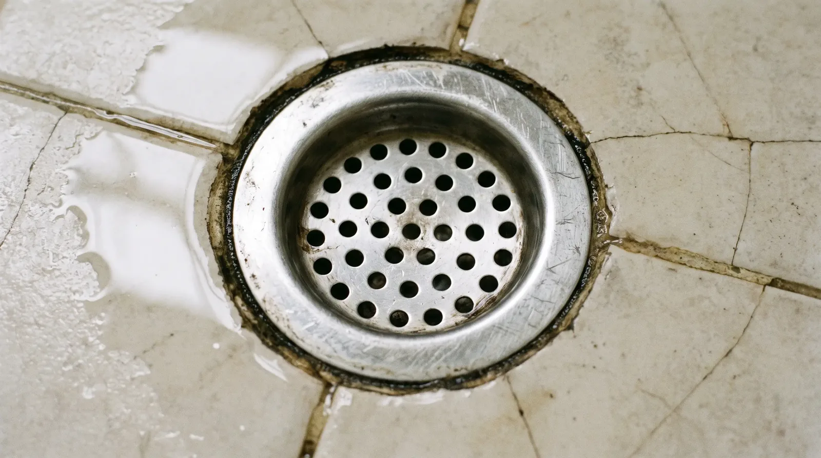 Aged floor drain strainer with worn tile and residue