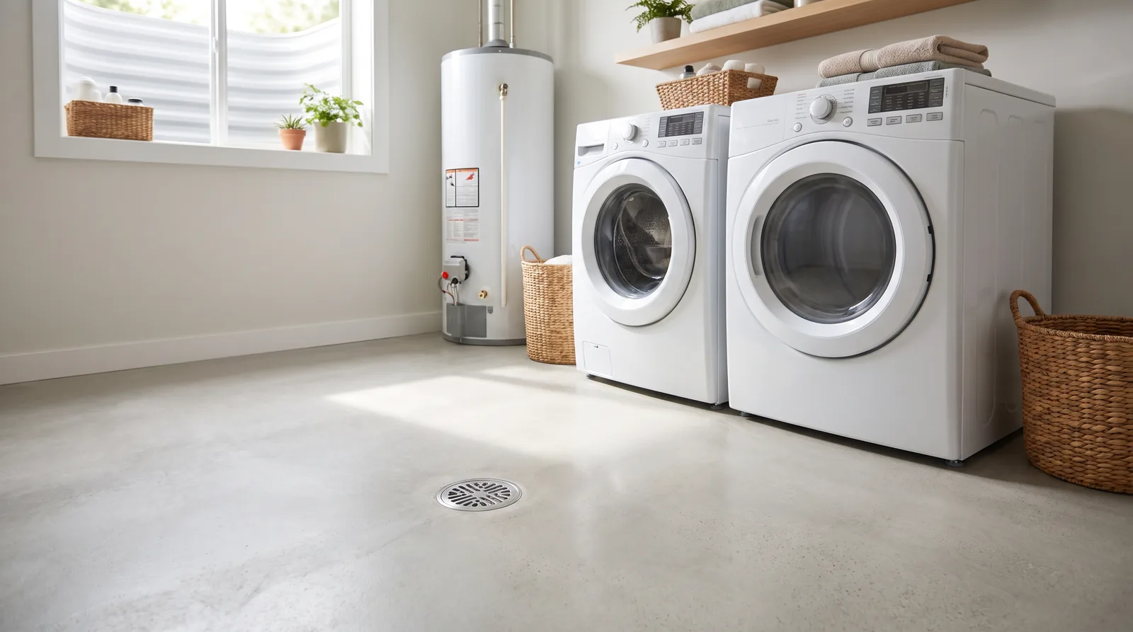 Laundry room with a floor drain in the concrete slab