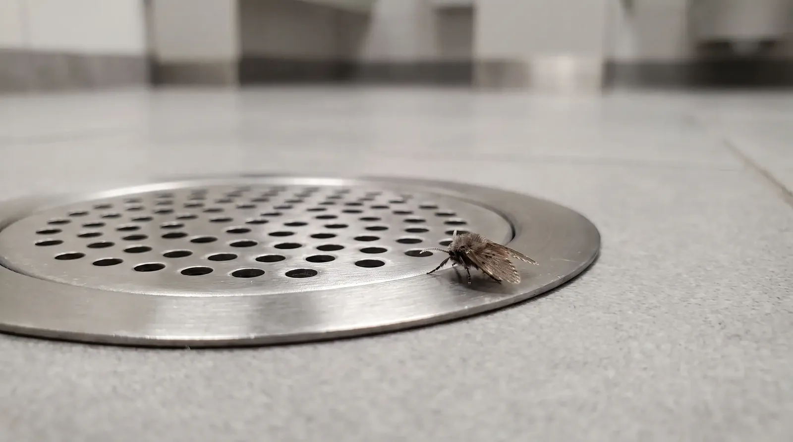Drain fly perched on the edge of a restroom floor drain grate