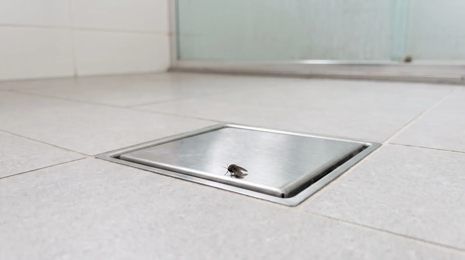Drain fly resting on a stainless shower drain cover