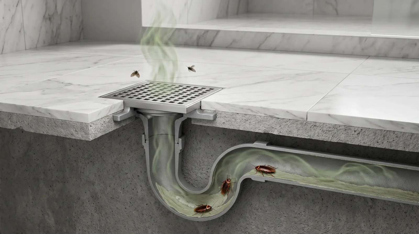 Cutaway illustration of a dry P-trap letting sewer gas rise through a floor drain