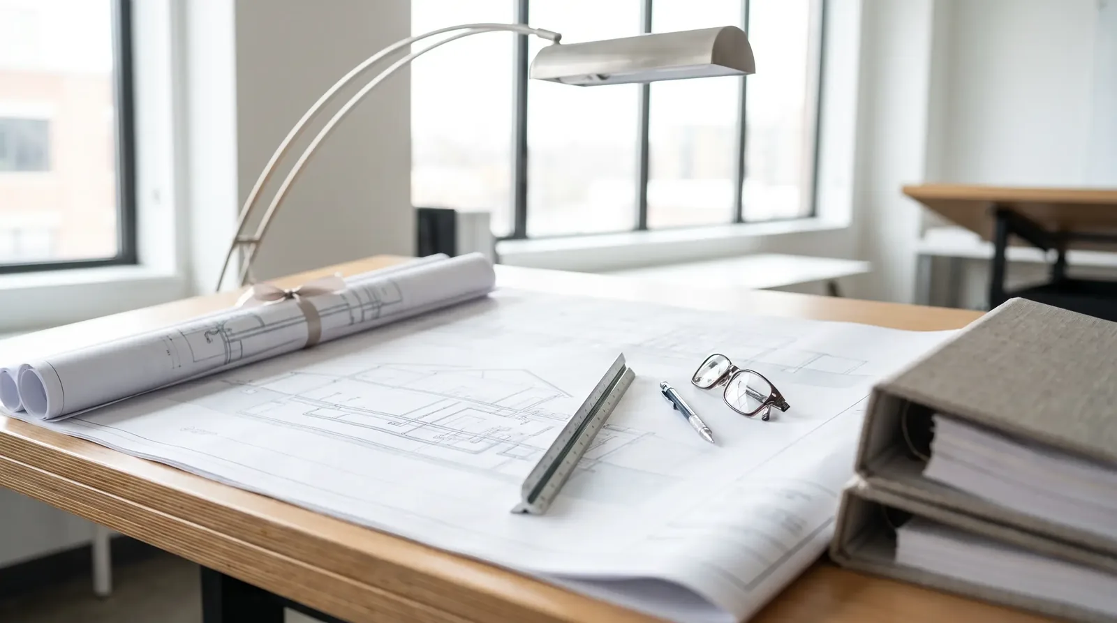 Architectural drawings and a scale rule on a drafting table