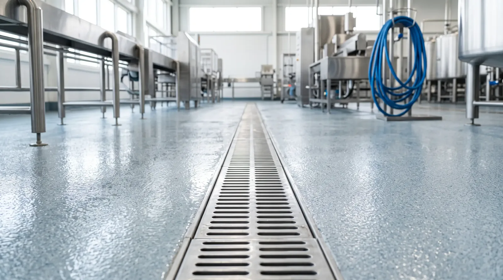 Stainless trench drain running through a food processing floor