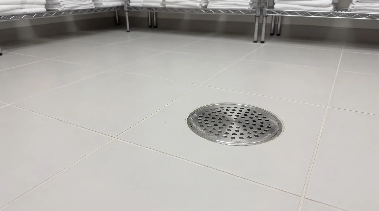 Floor drain in a hotel linen room