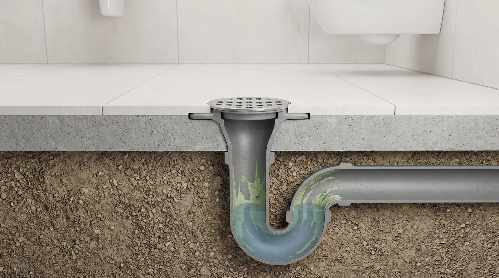 Cutaway of an office washroom floor drain with its water seal intact