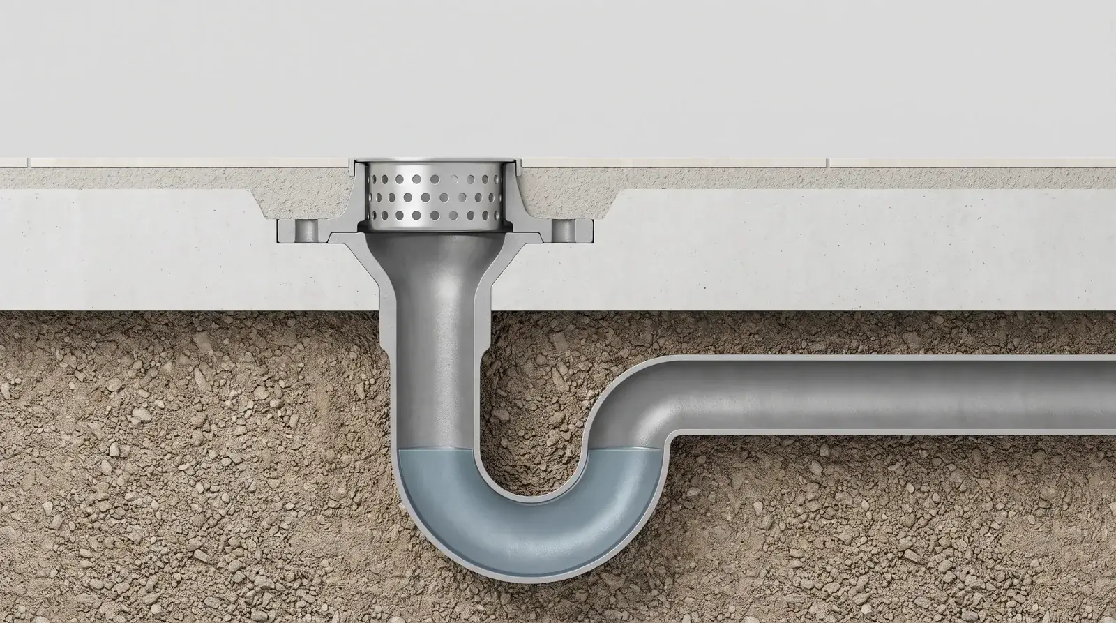 Cross-section of a floor drain with strainer basket and water seal