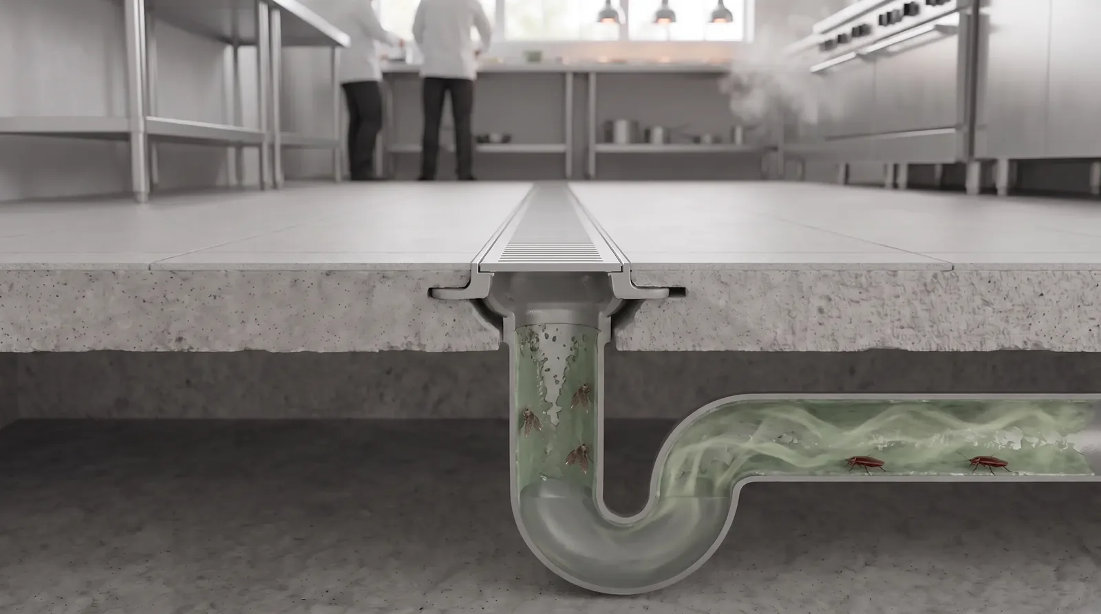 Cutaway of a busy restaurant kitchen showing drain flies inside the floor drain trap