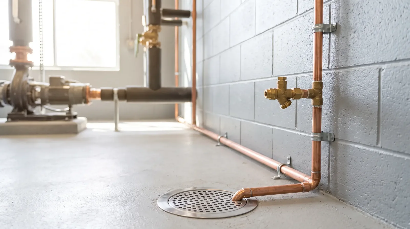 Trap primer supply line running to a floor drain in a plant room
