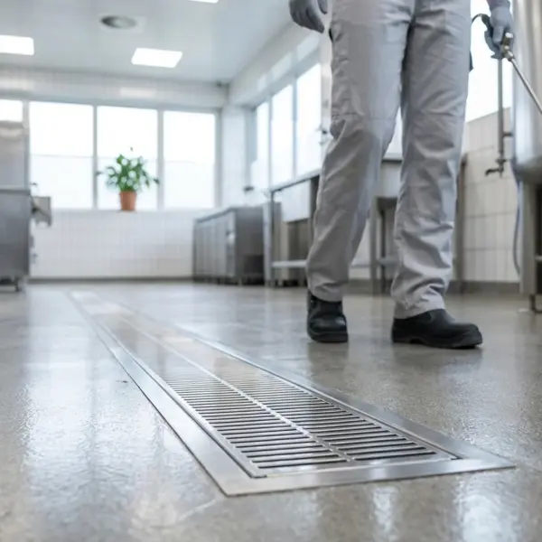 Commercial facility floor drain with Green Drain installed