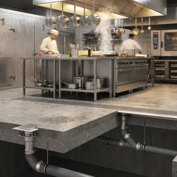 Restaurant kitchen floor drain with Green Drain waterless trap seal installed
