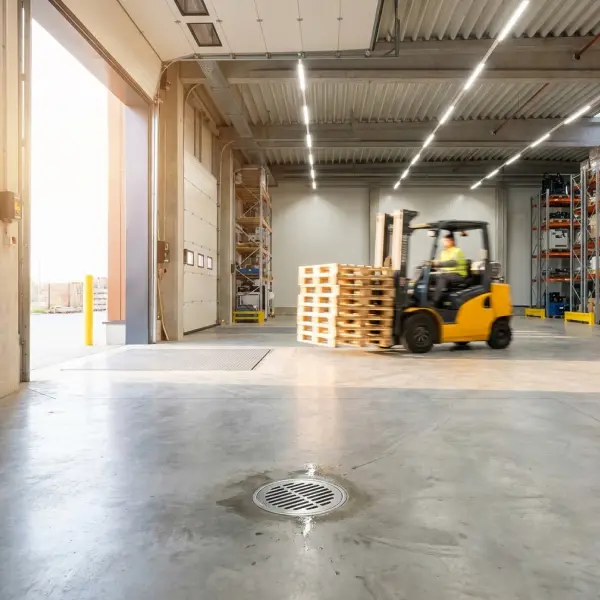 Industrial warehouse floor drain with Green Drain waterless trap seal