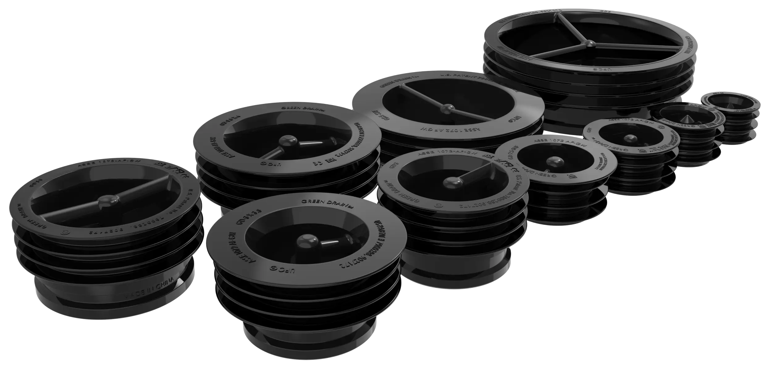Green Drain waterless trap seal product family showing all ten sizes