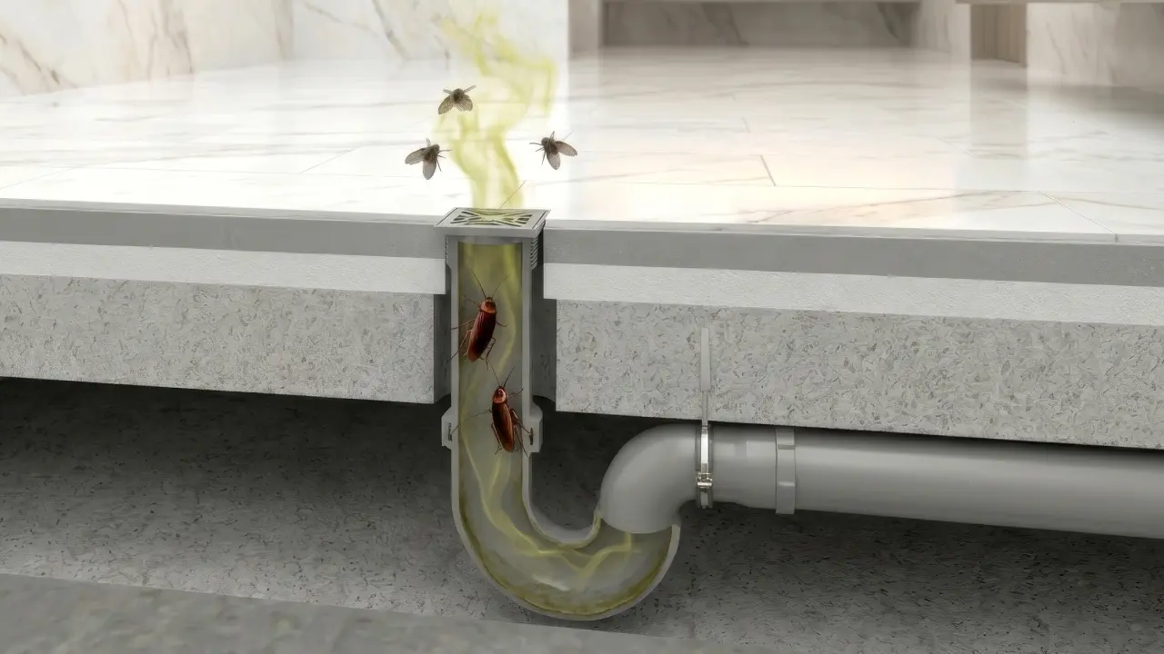 Cross-section of a floor drain showing pests and sewer gas traveling through an unprotected drain line