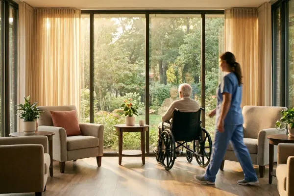 Senior living facility floor drain with Green Drain waterless trap seal