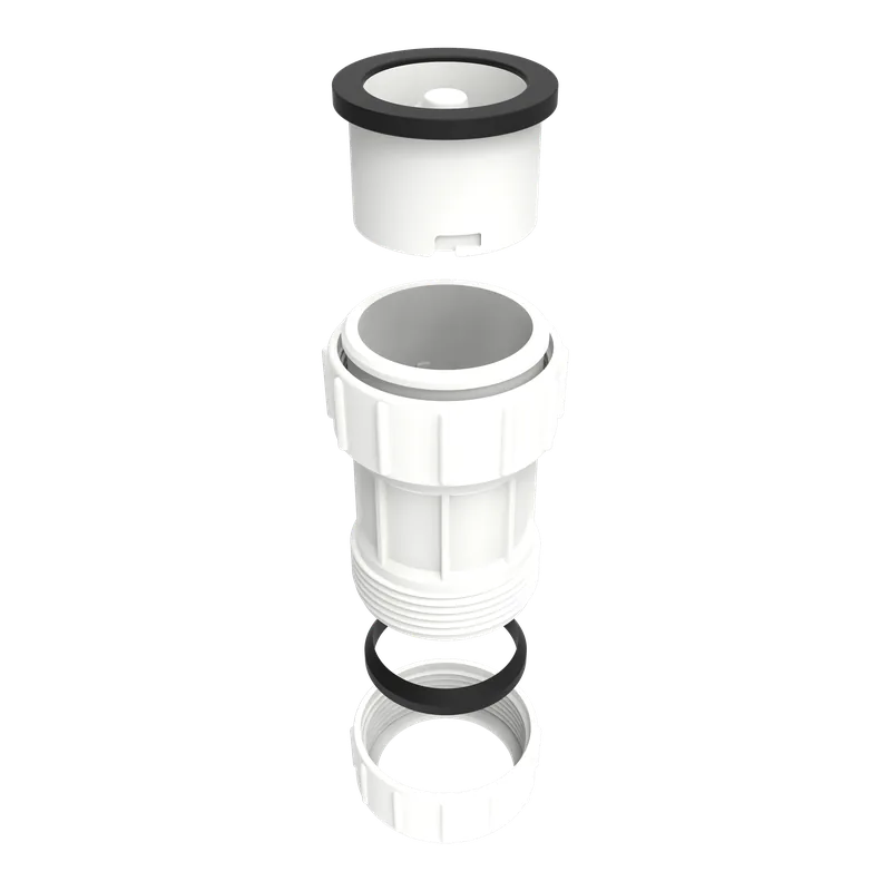 Exploded view of the GD-SSD: the cartridge with the silicone skirt valve, the body, the seal rings and the two compression nuts