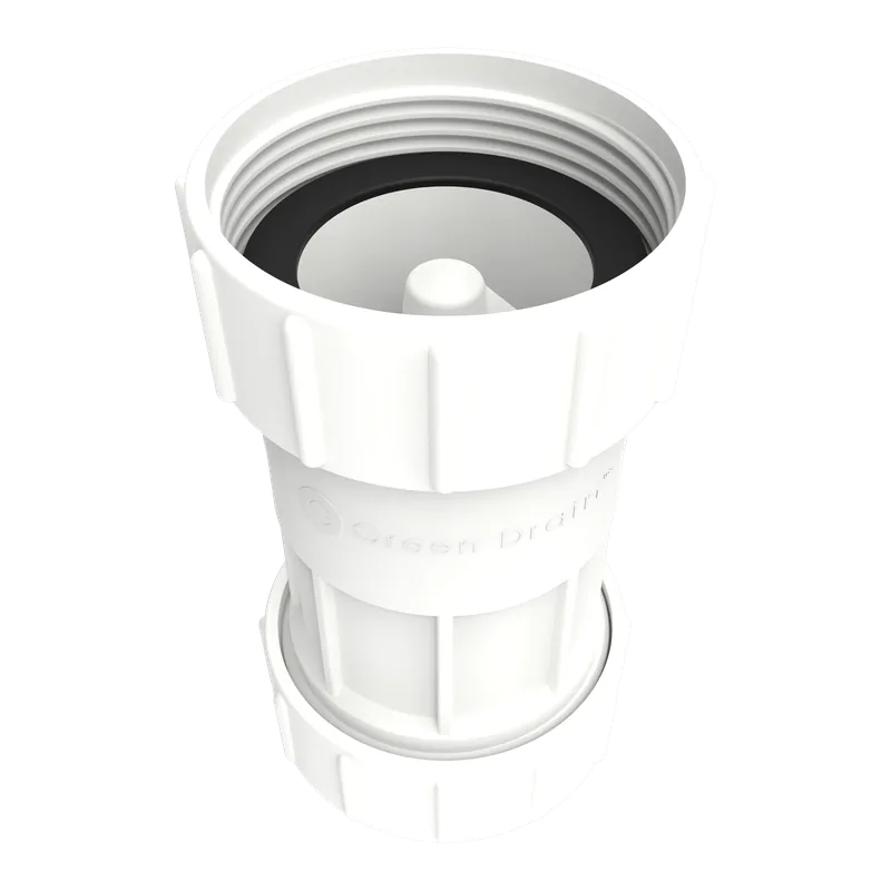 Green Drain GD-SSD waterless trap valve: a short white body with a compression nut at each end